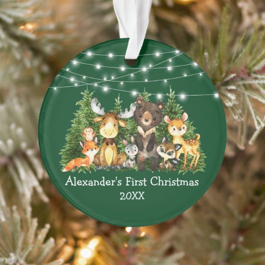 Baby First Christmas Forest Animals Lights Green Ornament (Baum)