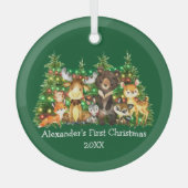Baby First Christmas Forest Animals Lights Green Ornament Aus Glas (Vorderseite)