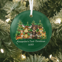 Baby First Christmas Forest Animals Lights Green Ornament Aus Glas