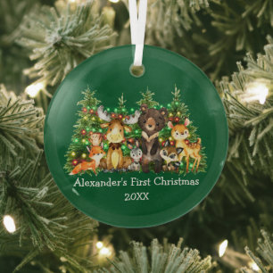 Baby First Christmas Forest Animals Lights Green Ornament Aus Glas