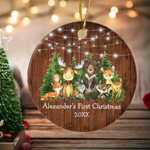 Baby First Christmas Forest Animals Lights Rustic Keramik Ornament