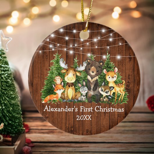 Baby First Christmas Forest Animals Lights Rustic Keramik Ornament