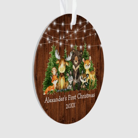 Baby First Christmas Forest Animals Lights Rustic Ornament (Vorderseite)