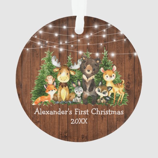 Baby First Christmas Forest Animals Lights Rustic Ornament (Rückseite)