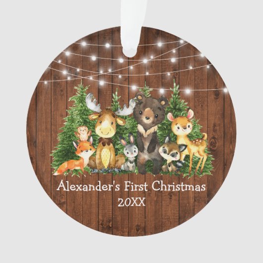 Baby First Christmas Forest Animals Lights Rustic Ornament (Vorderseite)