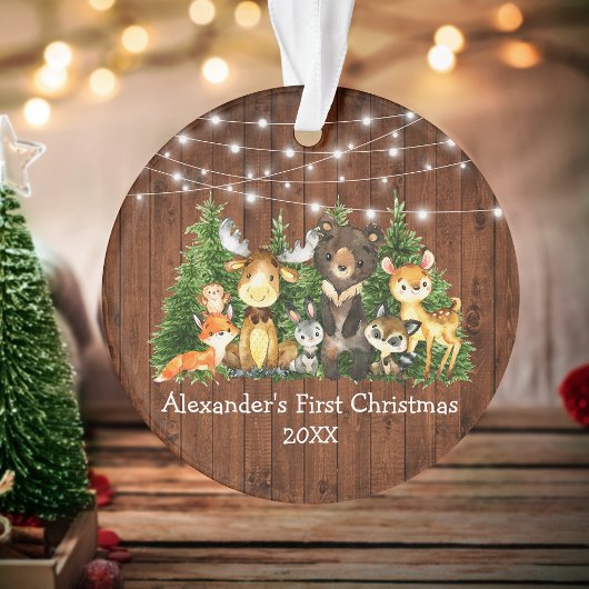 Baby First Christmas Forest Animals Lights Rustic Ornament