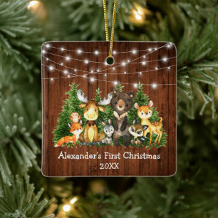 Baby First Christmas Forest Animals Lights Square Keramikornament