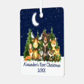 Baby First Christmas Forest Animals Moon Blue Ornament Aus Metall (Vorderseite links)