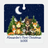 Baby First Christmas Forest Animals Moon Blue Ornament Aus Metall (Vorderseite)