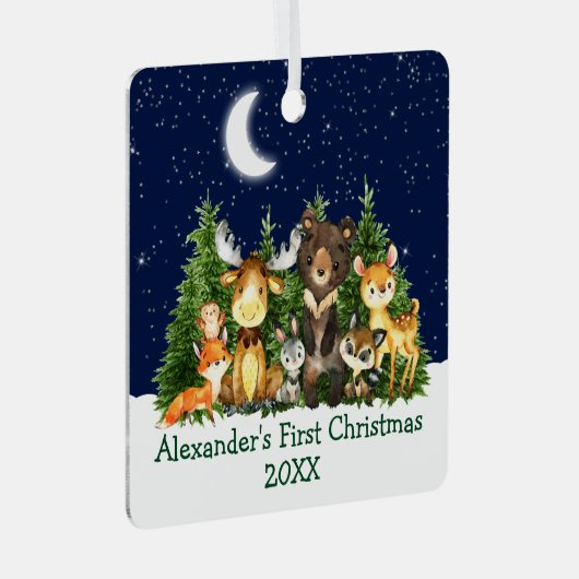 Baby First Christmas Forest Animals Moon Sky Ornament Aus Metall (Vorderseite Rechts)