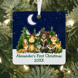 Baby First Christmas Forest Animals Moon Sky Ornament Aus Metall