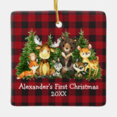 Baby First Christmas Forest Animals Red Kariert Keramikornament (Vorderseite)