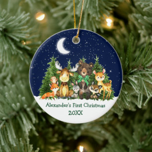 Baby First Christmas Forest Animes Green Bow Keramik Ornament