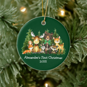Baby First Christmas Forest Animes Green Bow Keramik Ornament
