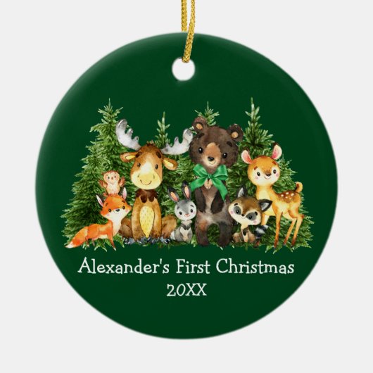 Baby First Christmas Forest Animes Green Bow Keramik Ornament (Vorne)