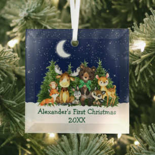 Baby First Christmas Forest Animes Green Bow Ornament Aus Glas