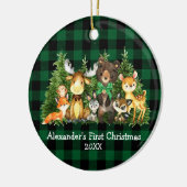 Baby First Christmas Forest Animes Green Kariert Keramik Ornament (Links)
