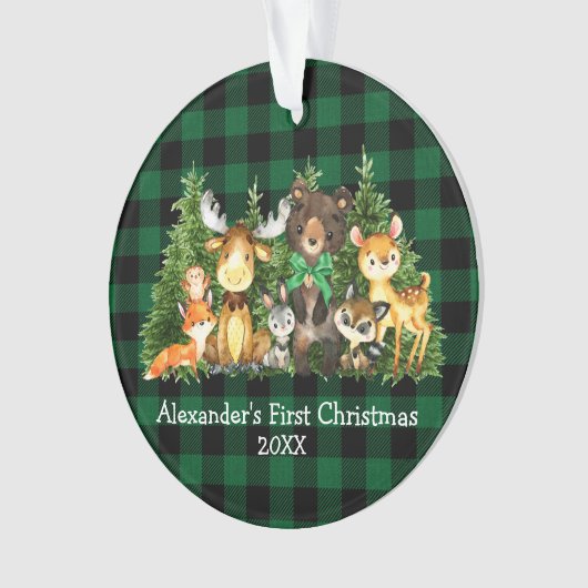 Baby First Christmas Forest Animes Green Kariert Ornament (Vorderseite)