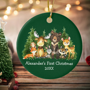 Baby First Christmas Forest Animes Green Round Keramik Ornament