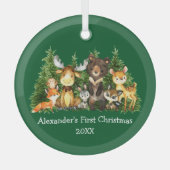 Baby First Christmas Forest Animes Green Round Ornament Aus Glas (Vorderseite)