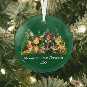 Baby First Christmas Forest Animes Green Round Ornament Aus Glas