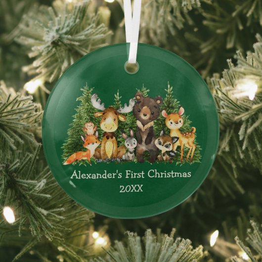 Baby First Christmas Forest Animes Green Round Ornament Aus Glas (InSitu)