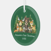 Baby First Christmas Forest Animes Green Round Ornament Aus Glas (Vorderseite links)