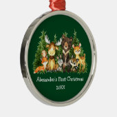 Baby First Christmas Forest Animes Green Round Ornament Aus Metall (Rechts)