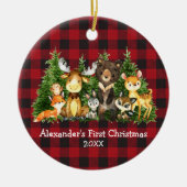 Baby First Christmas Forest Animes Kariert Round Keramik Ornament (Vorne)