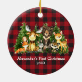 Baby First Christmas Forest Animes Kariert Round Keramik Ornament (Hinten)