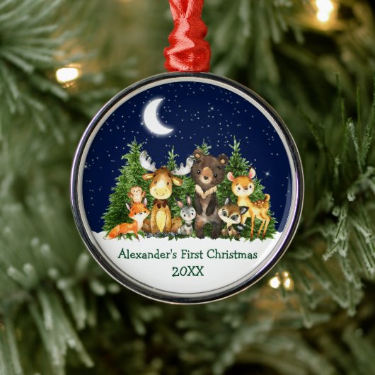 Baby First Christmas Forest Animes Round Ornament Aus Metall (Baum)