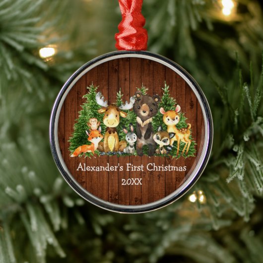 Baby First Christmas Forest Animes Rustikale Runde Ornament Aus Metall (Baum)