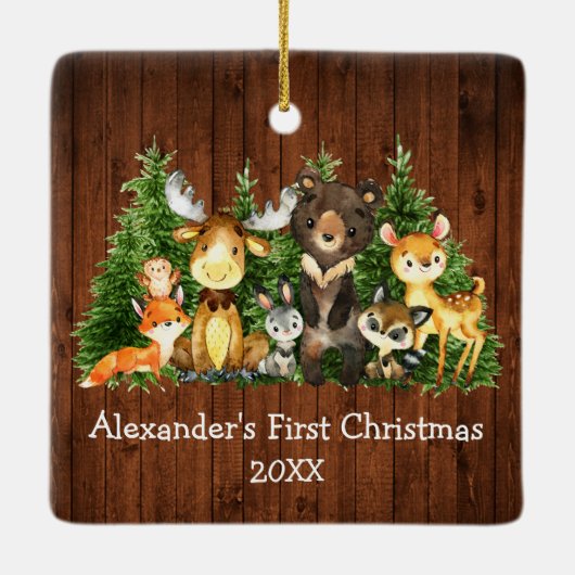 Baby First Christmas Forest Tiere Rustikal Keramikornament (Rückseite)