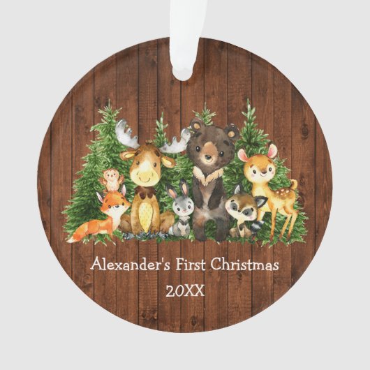 Baby First Christmas Forest Tiere Rustikal Ornament (Vorderseite)