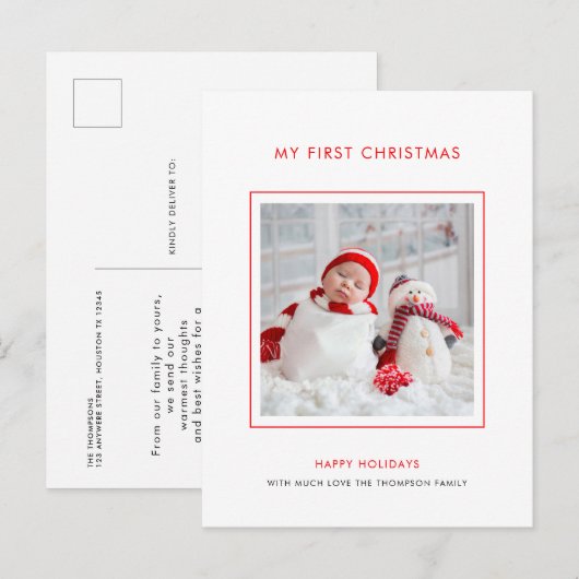 Baby First Christmas Foto Minimalistisch Urlaub Postkarte (Vorne/Hinten)