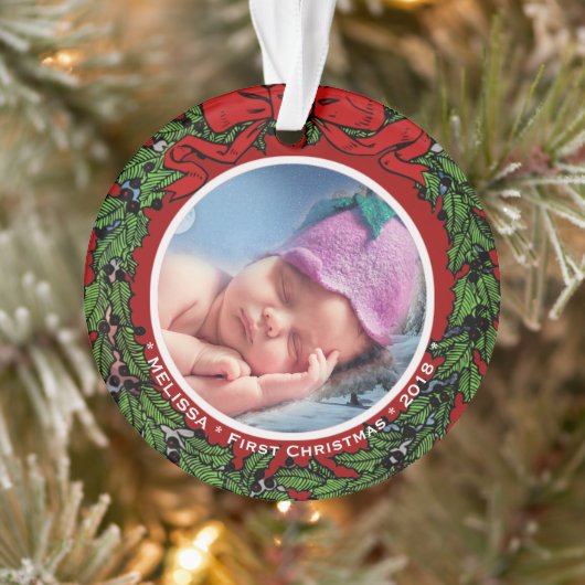 Baby First Christmas Foto Name heiligen Kranz Ornament (Baum)