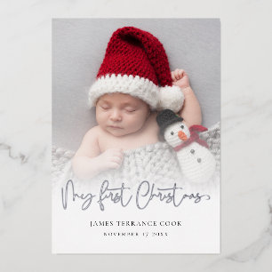 Baby First Christmas Foto Overlay Datum der Geburt Folien Feiertagskarte