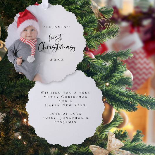 Baby First Christmas Foto Overlay Script Ornament Karte