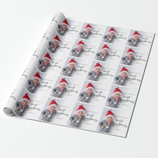 Baby First Christmas Foto Overlay Script Pattern Geschenkpapier (Ungerollt)