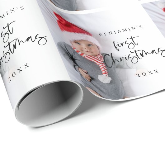 Baby First Christmas Foto Overlay Script Pattern Geschenkpapier (Rolleneckpunkt)