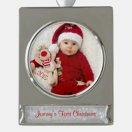 Baby First Christmas Foto Template Banner-Ornament Silber (Vorderseite)