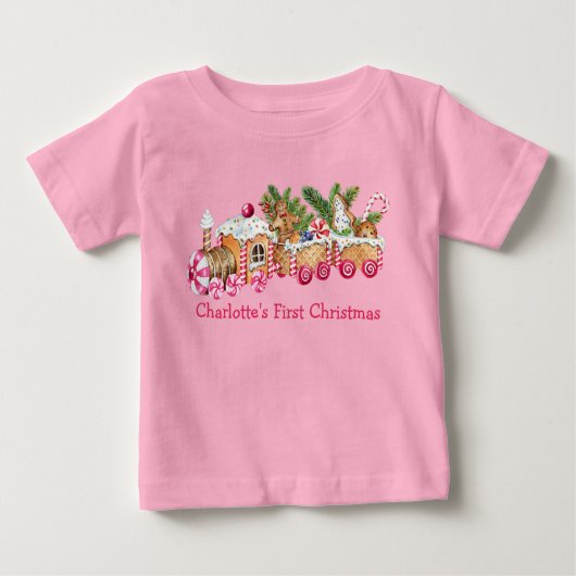 Baby First Christmas Gingerbrot Train Candy Pink Baby T-shirt (Vorderseite)