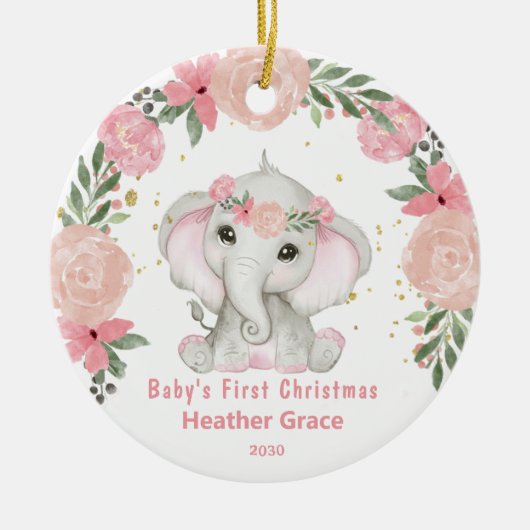 Baby First Christmas Girls Elephant Personalisiert Keramik Ornament (Vorne)