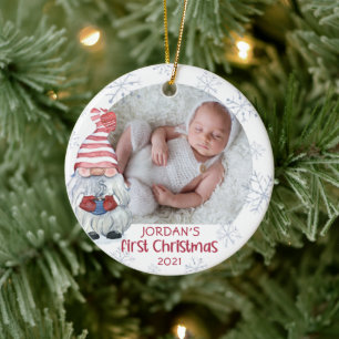 Baby First Christmas Gnome Snowflake Name Keramik Ornament