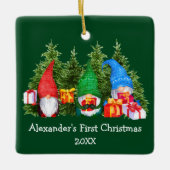Baby First Christmas Gnomes Green Square Keramikornament (Vorderseite)