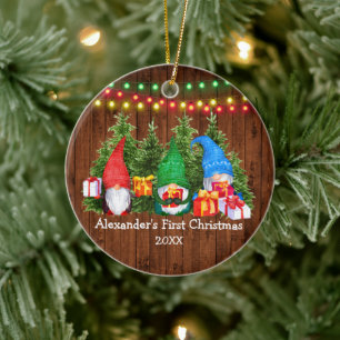 Baby First Christmas Gnomes Lights Rustic Keramik Ornament
