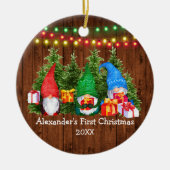 Baby First Christmas Gnomes Lights Rustic Keramik Ornament (Vorne)