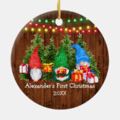 Baby First Christmas Gnomes Lights Rustic Keramik Ornament (Hinten)