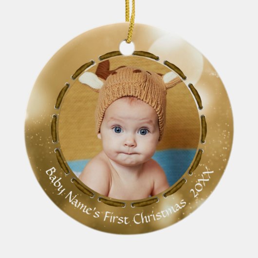 Baby First Christmas Gold Bokeh Personalisiertes F Keramik Ornament (Vorne)