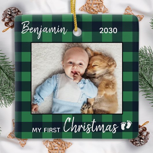 Baby First Christmas Green Buffalo Kariertes Foto Keramikornament